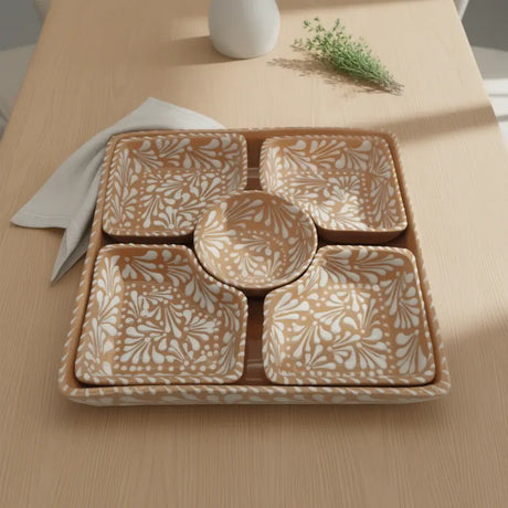 Brown & White Talavera Serving Tray | Handcrafted Sectional Set - square brown glazed tray with white floral patterns and four matching corner dishes
