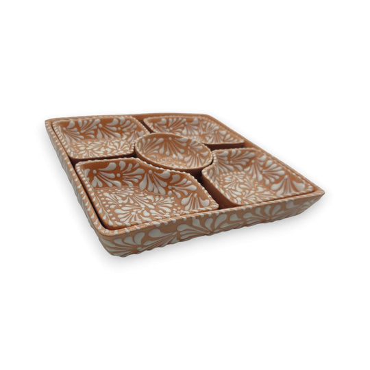 Brown & White Talavera Serving Tray | Handcrafted Sectional Set - square ceramic tray with four corner dishes and white floral patterns