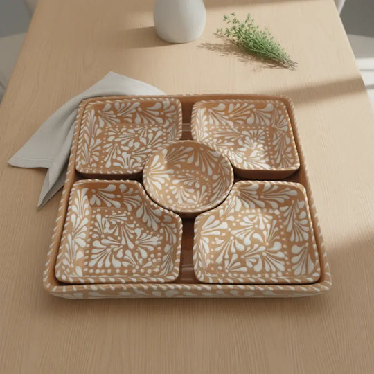 Brown & White Talavera Serving Tray | Handcrafted Sectional Set - square brown glazed tray with white floral patterns and four matching corner dishes