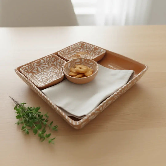 Brown & White Talavera Serving Tray | Handcrafted Sectional Set - square brown glazed tray with white floral patterns and four corner dishes
