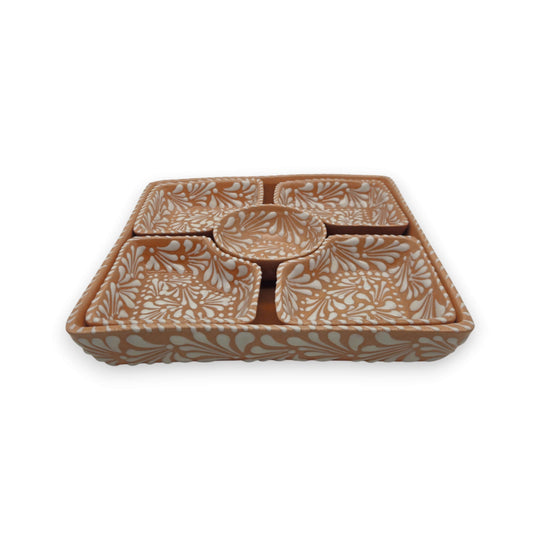 Brown & White Talavera Serving Tray | Handcrafted Sectional Set - square brown tray with white floral patterns and four matching corner dishes