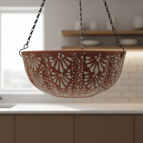 Brown & White Talavera Hanging Planter | Mexican Ceramic Pot in stylish home setting.