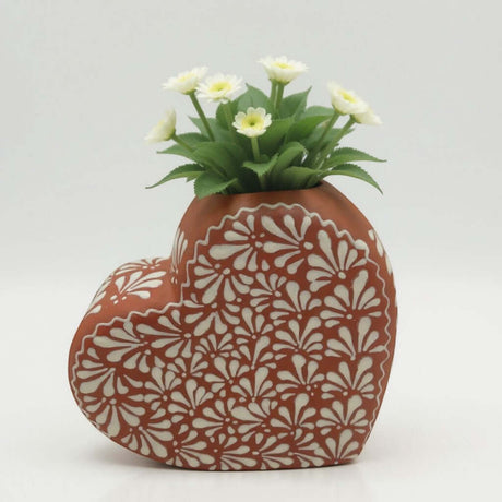 Brown & White Talavera Heart Vase | Hand-Painted Pottery with Flowers
