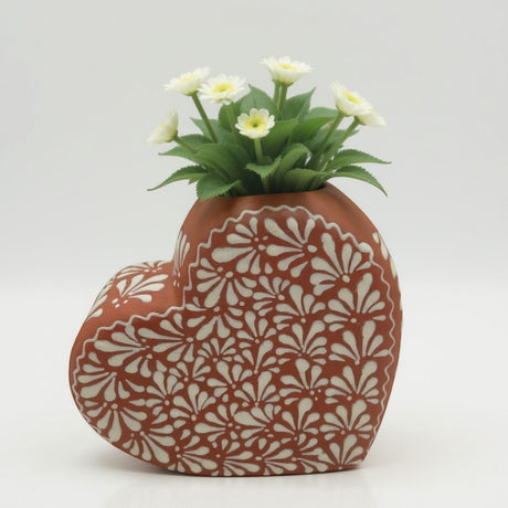 Brown & White Talavera Heart Vase | Hand-Painted Pottery with Flowers