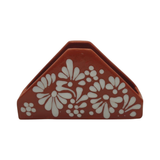 Brown & White Talavera Napkin Holder | Floral Glazed Design showcasing a floral pattern on a rustic brown ceramic holder.