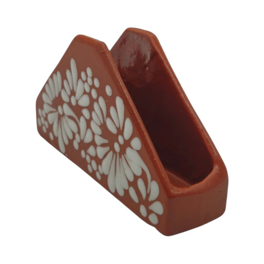 Brown & White Talavera Napkin Holder | Floral Glazed Design featuring a rustic floral pattern.
