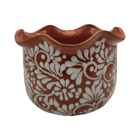 Brown & White Talavera Planter | Handcrafted Wavy Rim Pot showcasing floral motifs and wavy rim design.