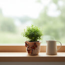 Brown & White Talavera Planter | Monarch Butterfly Accent small indoor planter with green plant, scalloped rim and three orange monarch butterfly accents