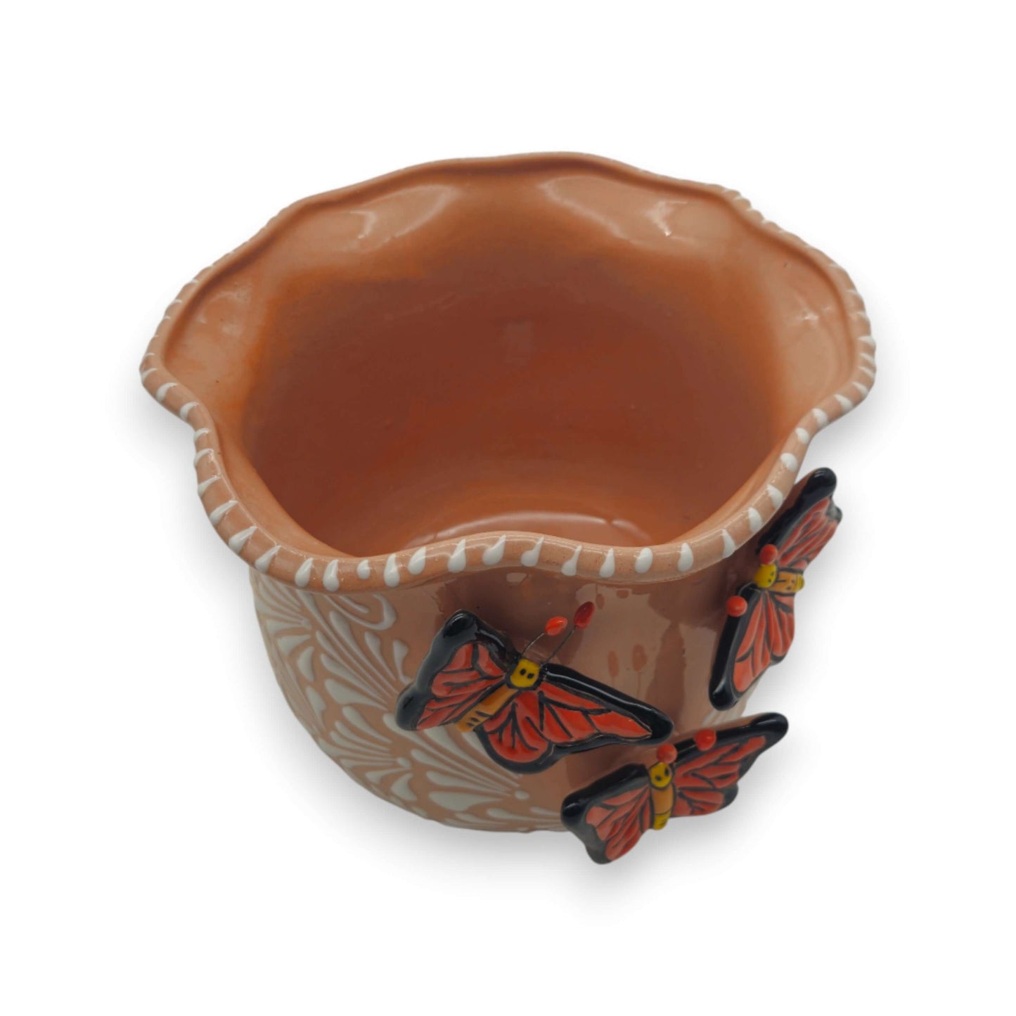 Brown & White Talavera Planter | Monarch Butterfly Accent - handcrafted brown and white glazed scalloped planter with three orange monarch butterfly accents