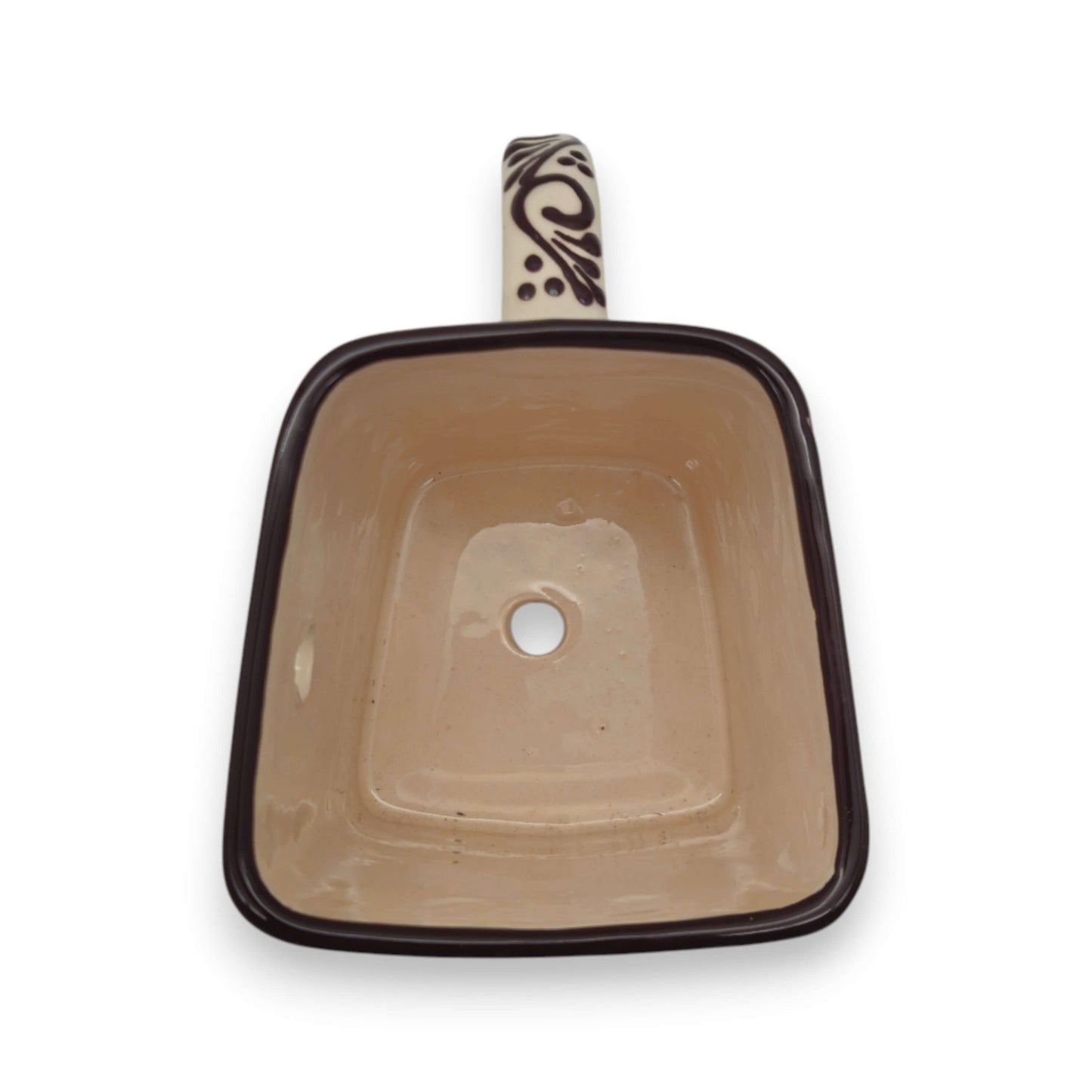 Brown & White Talavera Purse Planter | Handcrafted Pot - top view of handcrafted brown floral purse-shaped ceramic planter with drainage hole