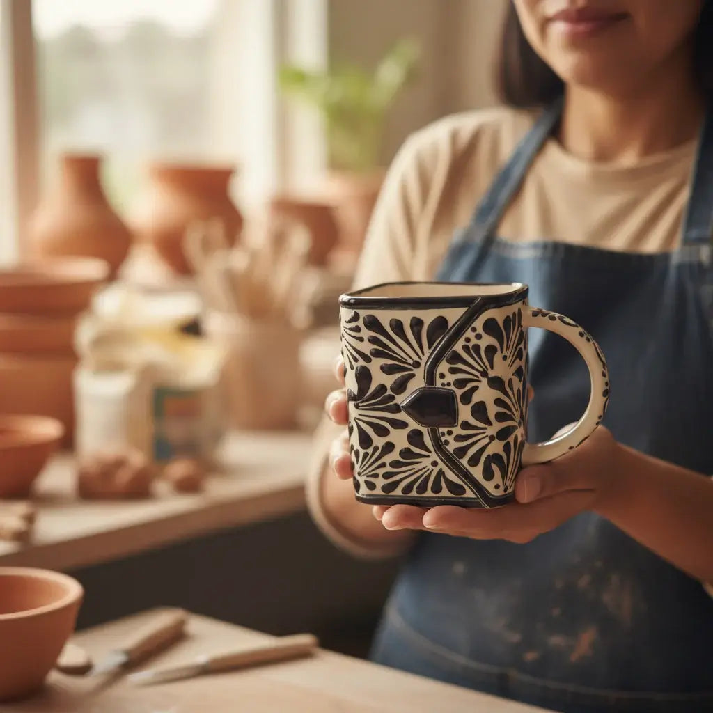 Brown & White Talavera Purse Planter | Handcrafted Pot - artisan holding a cream and brown floral Talavera purse-shaped planter