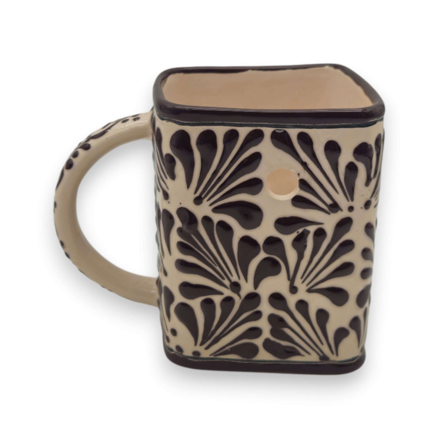 Brown & White Talavera Purse Planter | Handcrafted Pot - square purse-shaped Talavera planter with brown floral motifs on creamy white glaze