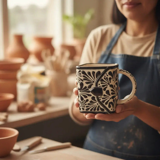 Brown & White Talavera Purse Planter | Handcrafted Pot - artisan holding a cream and brown floral Talavera purse-shaped planter