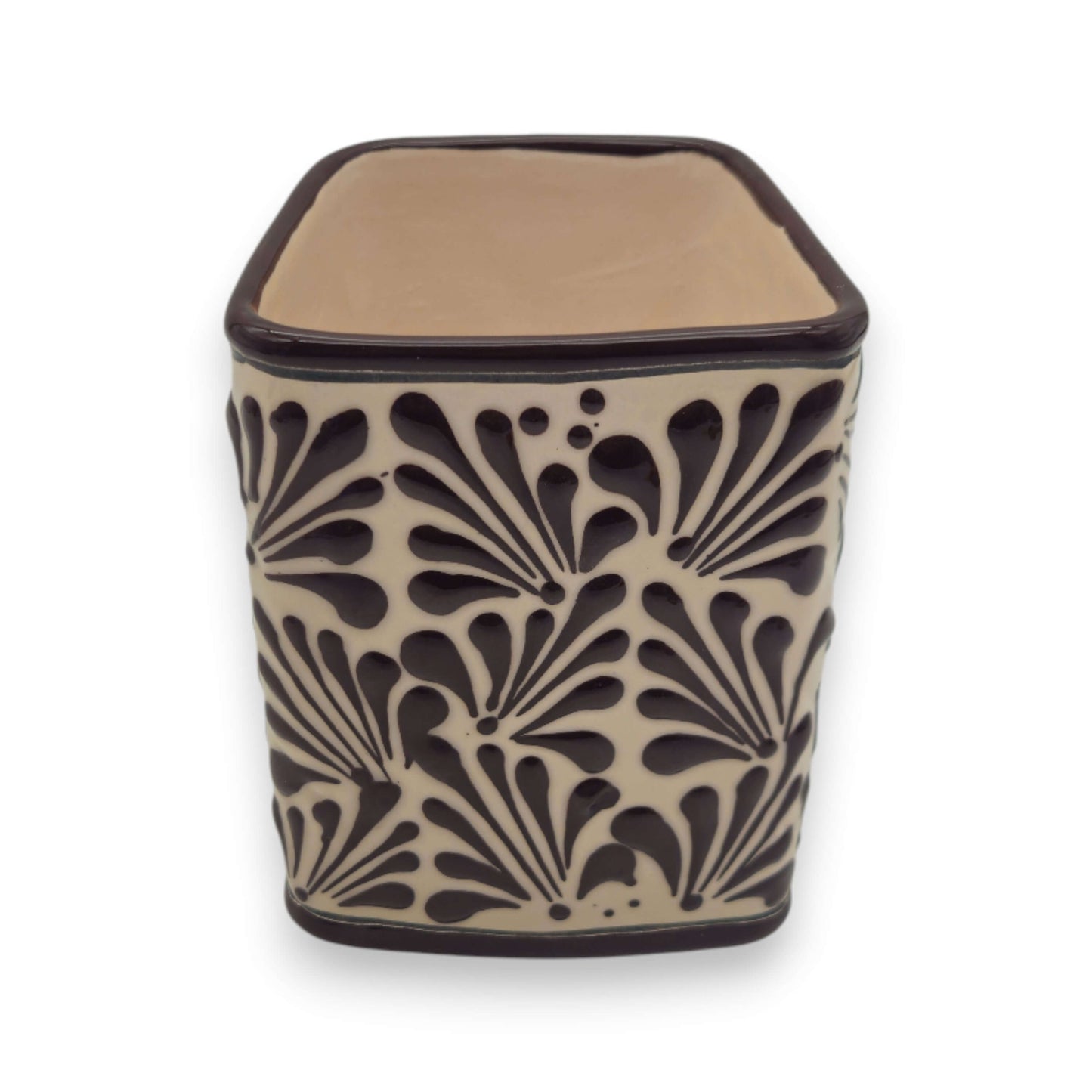 Brown & White Talavera Purse Planter | Handcrafted Pot - square ceramic purse-shaped planter with brown floral Talavera design on cream glaze