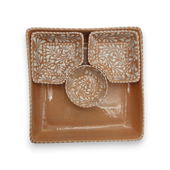 Brown & White Talavera Serving Tray | Handcrafted Sectional Set - square brown glazed tray with white floral corner dishes