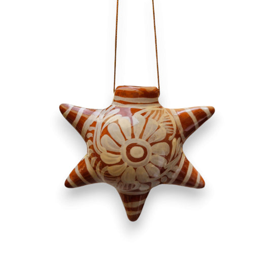 Brown & White Talavera Ornament | Star-Shaped Holiday Folk Art hand-painted brown star with white floral motifs, kiln-fired lead-free glaze