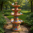 Brown & Yellow Talavera Fountain | Hand-Painted Multicolor Tiered Art in a garden setting.