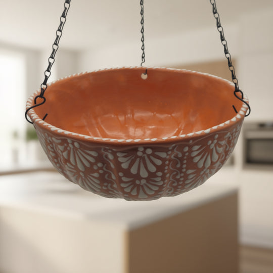 Brown & White Talavera Hanging Planter | Mexican Ceramic Pot