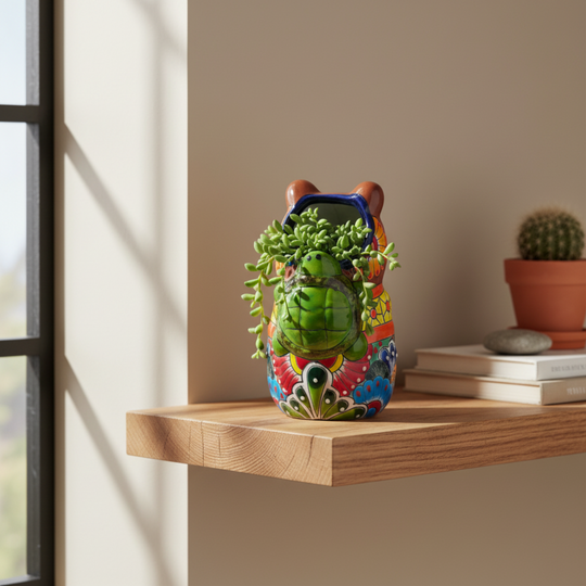 Back view of a colorful capybara Talavera planter on a wall shelf