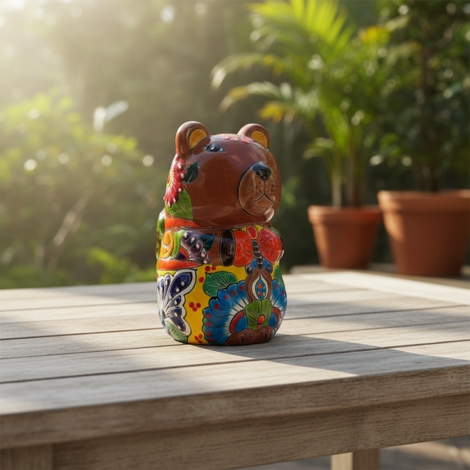 Side view of a brown capybara Talavera planter on an outdoor table