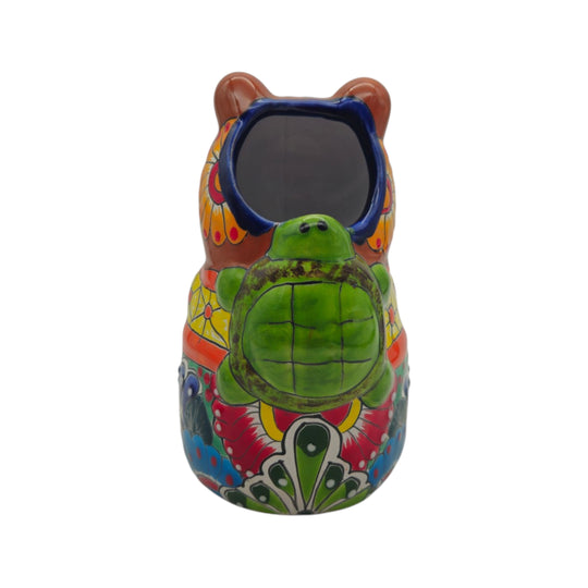 Back view of capybara Talavera planter showing colorful patterns and green turtle detail