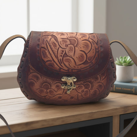 Cincelada Floral Leather Crossbody | Hand Tooled Saddle Purse on table