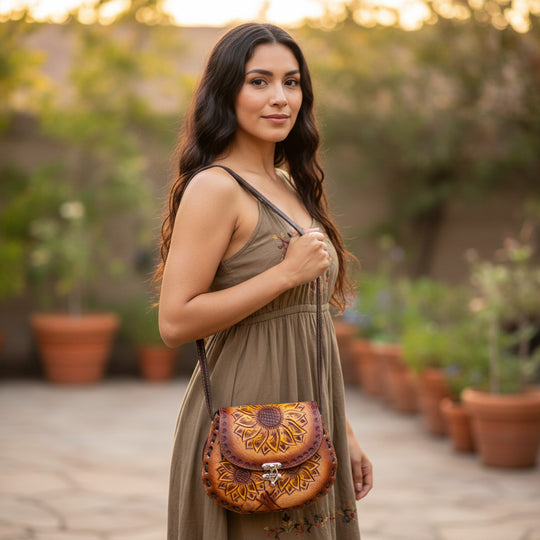 Cincelada Leather Crossbody | Hand Tooled Sunflower Purse model