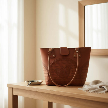 Cincelada Leather Tote | Hand Tooled Mexican Butterfly Bag on a table