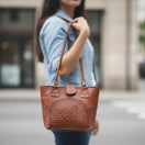 Cincelada Leather Tote | Hand Tooled Mexican Butterfly Bag on model