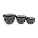 Cobalt Blue Rim Talavera Pot Trio | Small Hand-Painted Planters - three vibrant hand-painted Mexican planters with cobalt blue rims