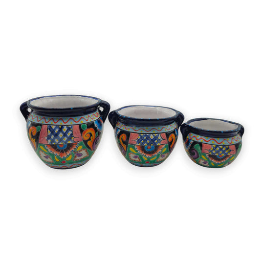 Cobalt Blue Rim Talavera Pot Trio | Small Hand-Painted Planters - three vibrant hand-painted Mexican planters with cobalt blue rims
