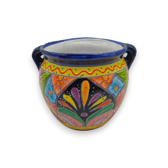 Cobalt Blue Rim Talavera Pot Trio | Small Hand-Painted Planters — hand-painted cobalt rim planter with vibrant floral and geometric Talavera design