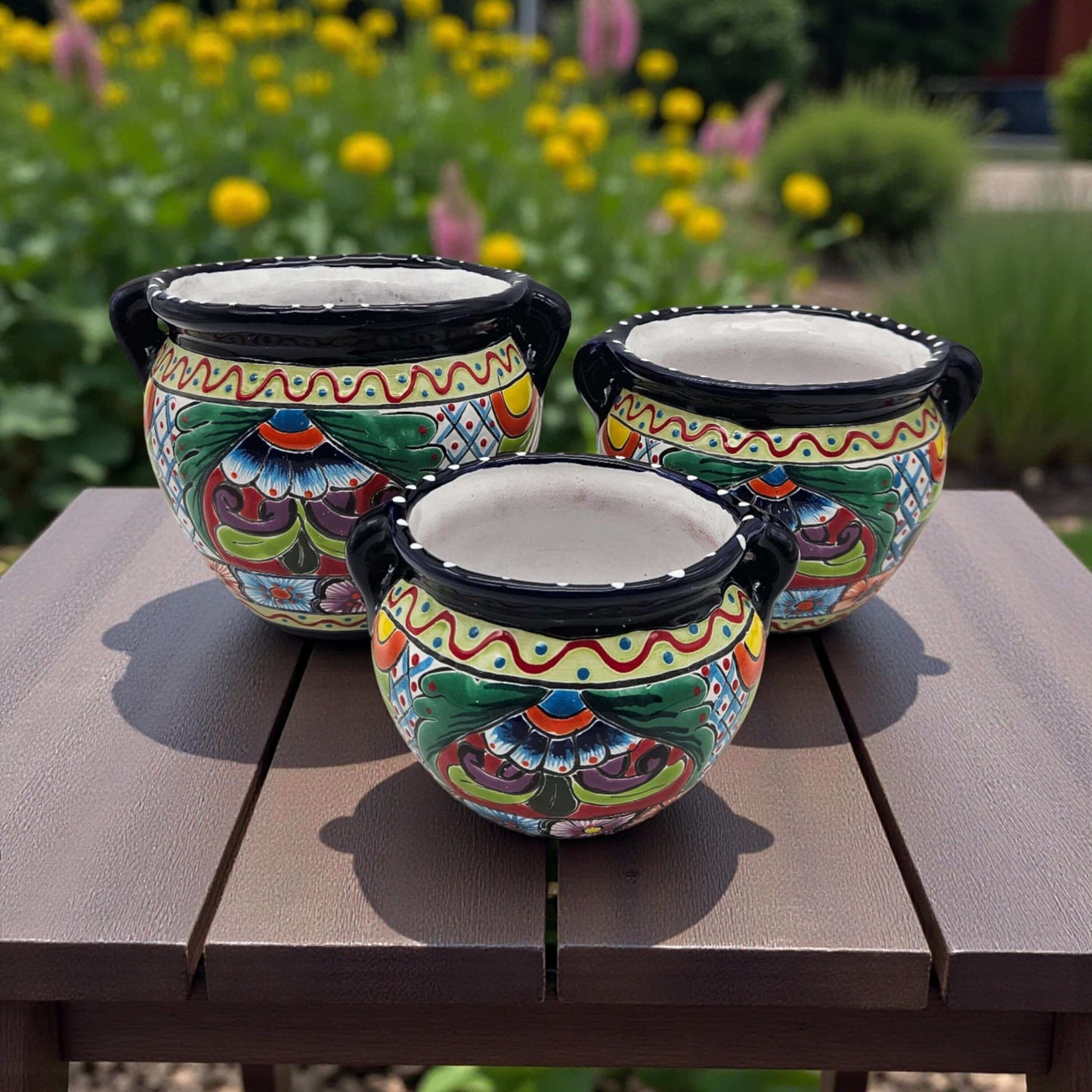 Cobalt Blue Rim Talavera Pot Trio | Small Hand-Painted Planters - three hand-painted Mexican planters with cobalt rims and colorful floral motifs
