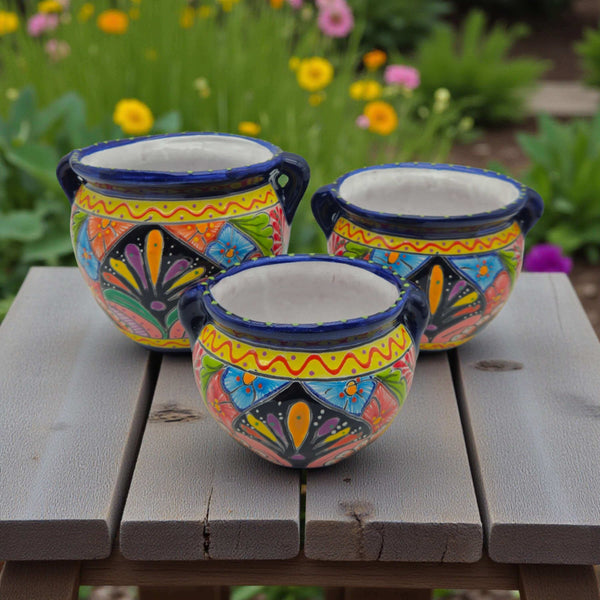 Cobalt Blue Rim Talavera Pot Trio | Small Hand-Painted Planters – three vibrant hand-painted Mexican planters with deep cobalt blue rims and floral motifs