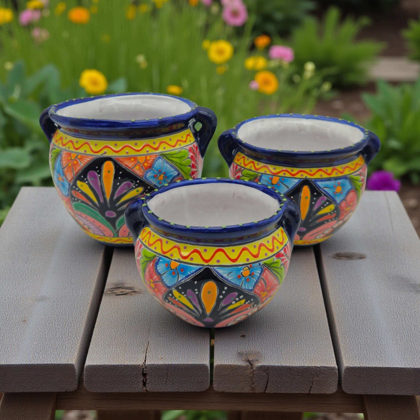 Cobalt Blue Rim Talavera Pot Trio | Small Hand-Painted Planters – three vibrant hand-painted Mexican planters with deep cobalt blue rims and floral motifs
