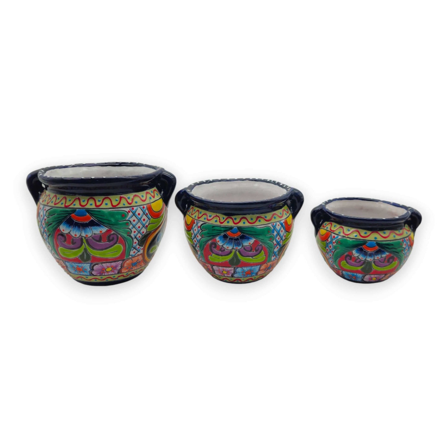 Cobalt Blue Rim Talavera Pot Trio | Small Hand-Painted Planters - hand-painted multicolor floral ceramic planters set