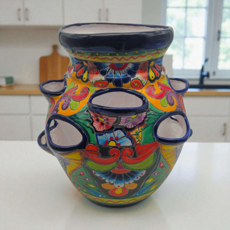 Cobalt Blue Rim Talavera Strawberry Planter | Mexican Ceramic Pot - hand-painted vibrant floral geometric design, kiln-fired lead-free glaze, Guanajuato craftsmanship