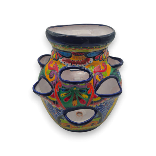 Cobalt Blue Rim Talavera Strawberry Planter | Mexican Ceramic Pot handcrafted hand-painted Talavera strawberry planter from Guanajuato, blue rim
