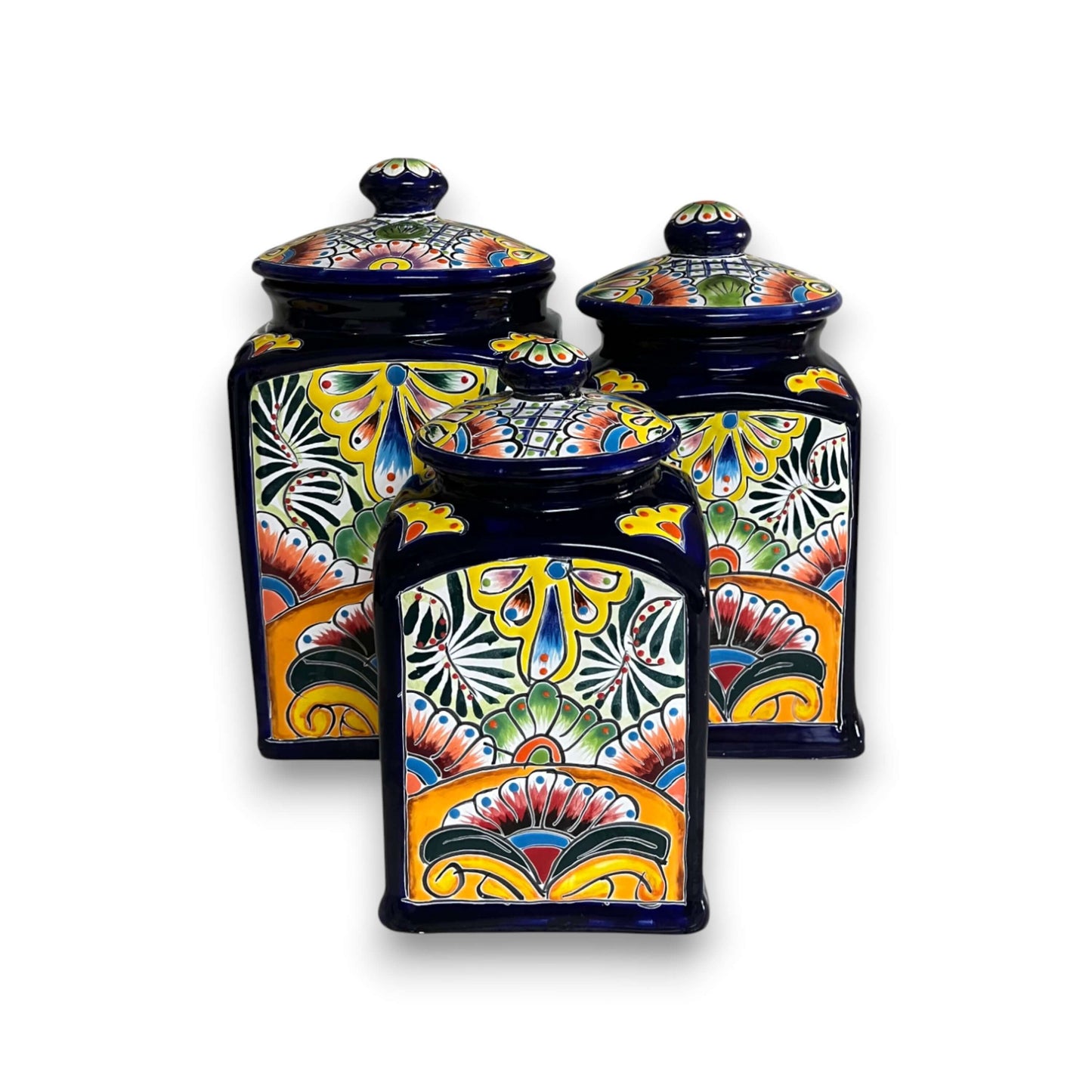 Cobalt Blue Talavera Canister Trio | Mexican Hand-Painted Storage - hand-painted cobalt blue ceramic set with floral and geometric motifs