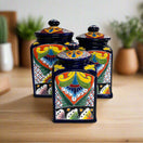 Cobalt Blue Talavera Canister Trio | Mexican Hand-Painted Storage — hand-painted cobalt blue ceramic canister set with floral folk motifs