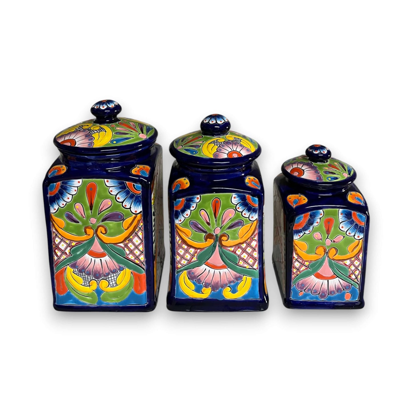 Cobalt Blue Talavera Canister Trio | Mexican Hand-Painted Storage - handmade cobalt blue ceramic canister set with floral motifs