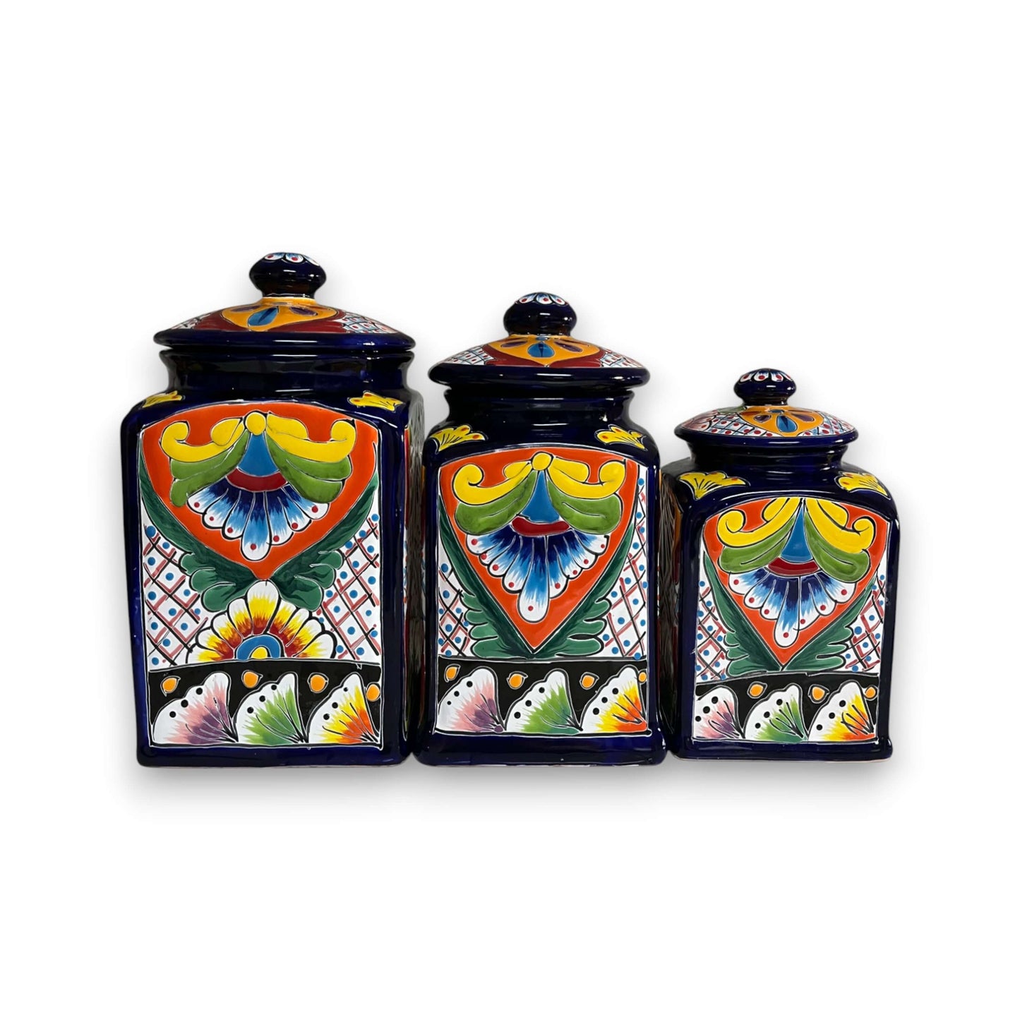Cobalt Blue Talavera Canister Trio | Mexican Hand-Painted Storage - hand-painted cobalt blue ceramic canisters with colorful floral motifs