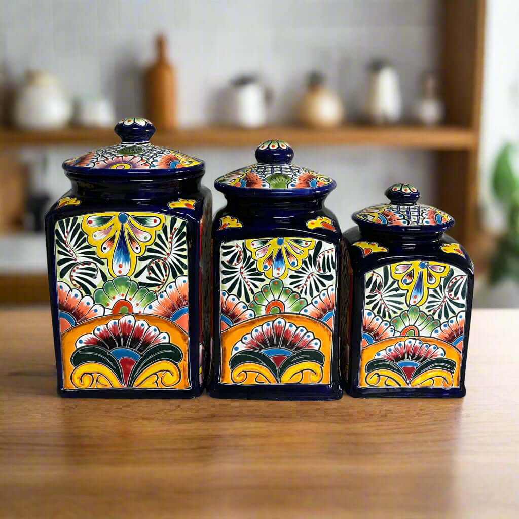 Cobalt Blue Talavera Canister Trio | Mexican Hand-Painted Storage - hand-painted cobalt blue ceramic canister set with floral folk motifs