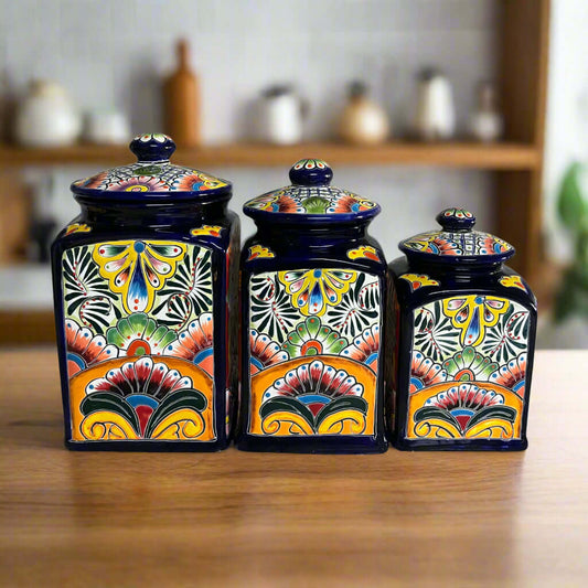 Cobalt Blue Talavera Canister Trio | Mexican Hand-Painted Storage - hand-painted cobalt blue ceramic canister set with floral folk motifs