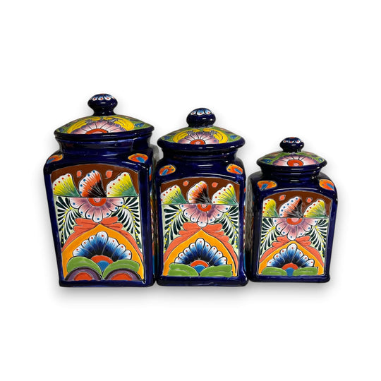 Cobalt Blue Talavera Canister Trio | Mexican Hand-Painted Storage - hand-painted cobalt blue ceramic canister set with floral motifs