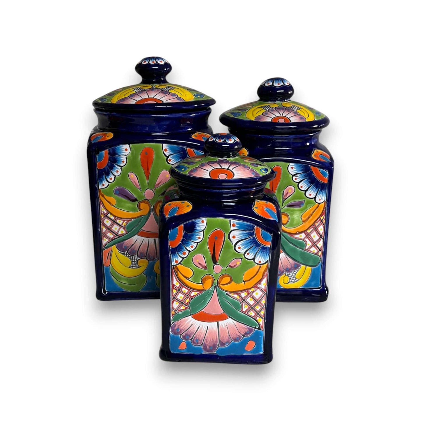 Cobalt Blue Talavera Canister Trio | Mexican Hand-Painted Storage — hand-painted cobalt blue ceramic canister set with colorful floral motifs