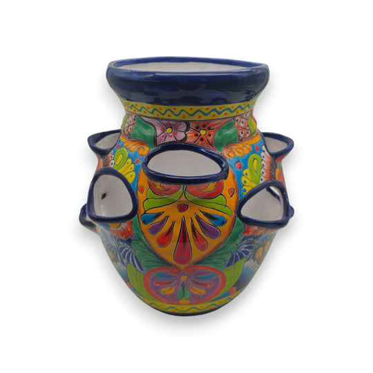 Cobalt Blue Rim Talavera Strawberry Planter | Mexican Ceramic Pot hand-painted floral geometric strawberry planter, handcrafted in Guanajuato, Mexico