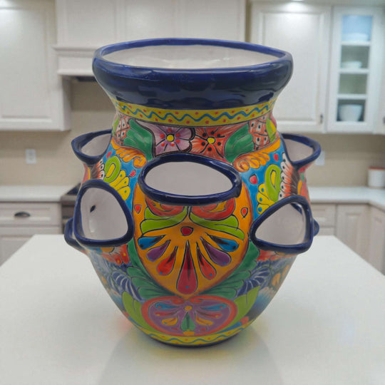 Cobalt Blue Rim Talavera Strawberry Planter | Mexican Ceramic Pot hand-painted floral geometric design, kiln-fired lead-free glaze, front view