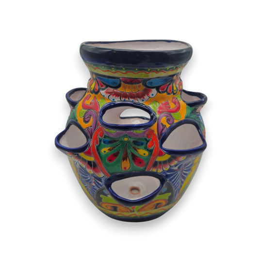 Cobalt Blue Rim Talavera Strawberry Planter | Mexican Ceramic Pot hand-painted Talavera strawberry planter with vivid floral geometric pattern