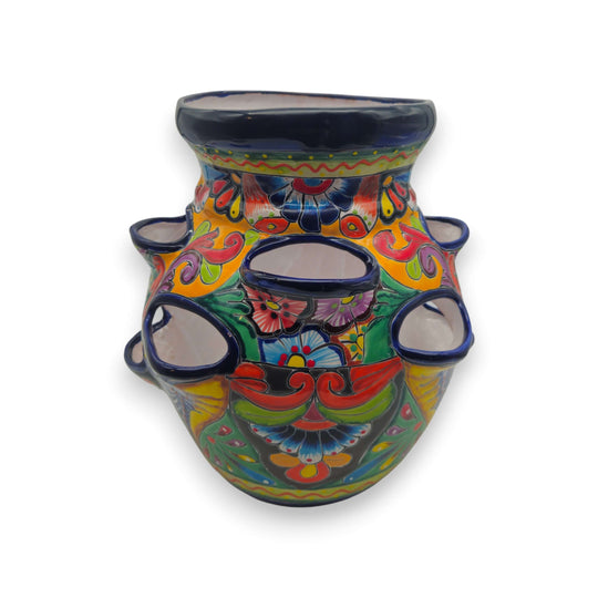 Cobalt Blue Rim Talavera Strawberry Planter | Mexican Ceramic Pot hand-painted floral multi-strawberry slots, kiln-fired lead-free glaze, Guanajuato craftsmanship